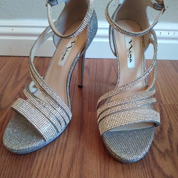 Nina Freyja Silver Strappy Metallic Rhinestone Stilleto Platform - Picture 4 of 10